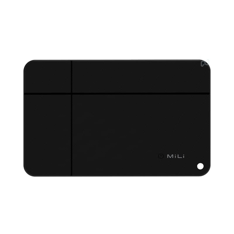 A black tracking tag with a sleek design, featuring a logo and a hole for attachment.