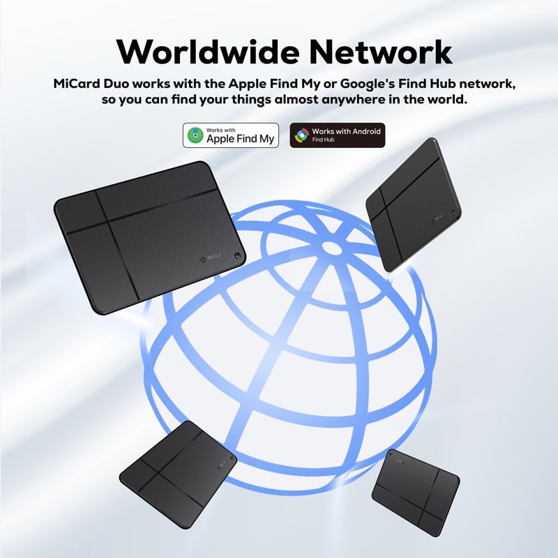 A black tracking tag is displayed against a light background, with an illustration of a global network.