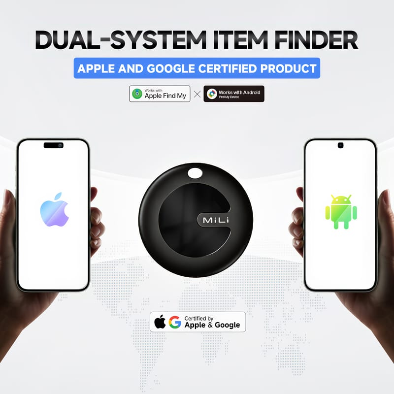 A black tracking tag is held between two smartphones, one displaying an Apple logo and the other an Android logo.