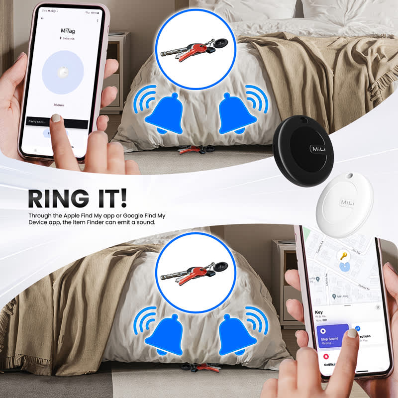 A black and white tracking tag is displayed with a smartphone, featuring icons of sound alerts and a location map.