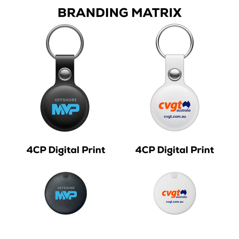 A black and a white tracking tag with keyring attachments, featuring digital prints and logo branding.