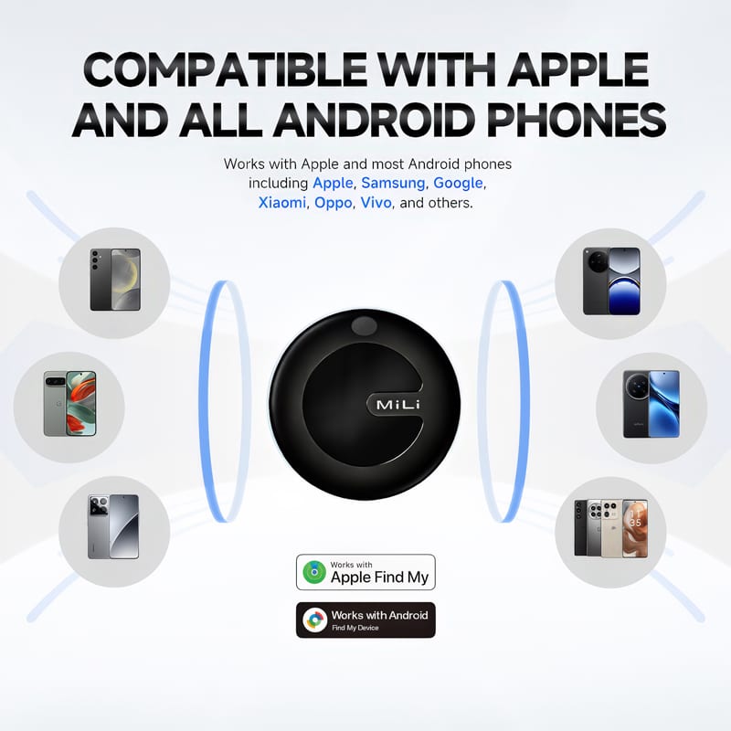 A black MiTag Duo Global Tracking Tag with a PU case, featuring a logo, surrounded by various phone icons.