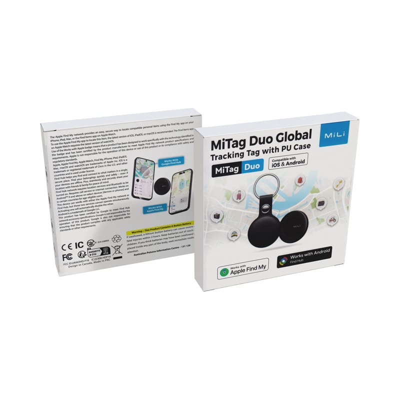 A black MiTag Duo Global Tracking Tag with PU case in packaging, featuring images of mobile app interfaces and a logo.