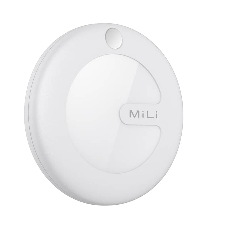A white MiTag Duo Global Tracking Tag, circular in shape, with a glossy surface and a logo.