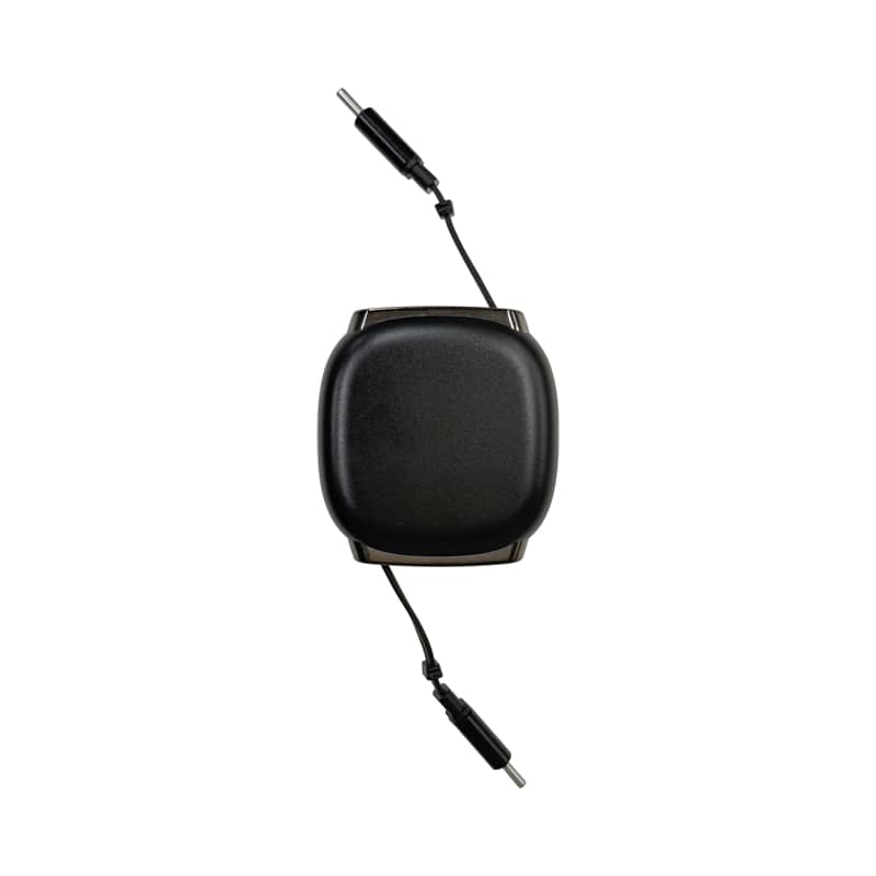 A retractable charging data cable in black, featuring two connectors and a compact, square design with a logo.