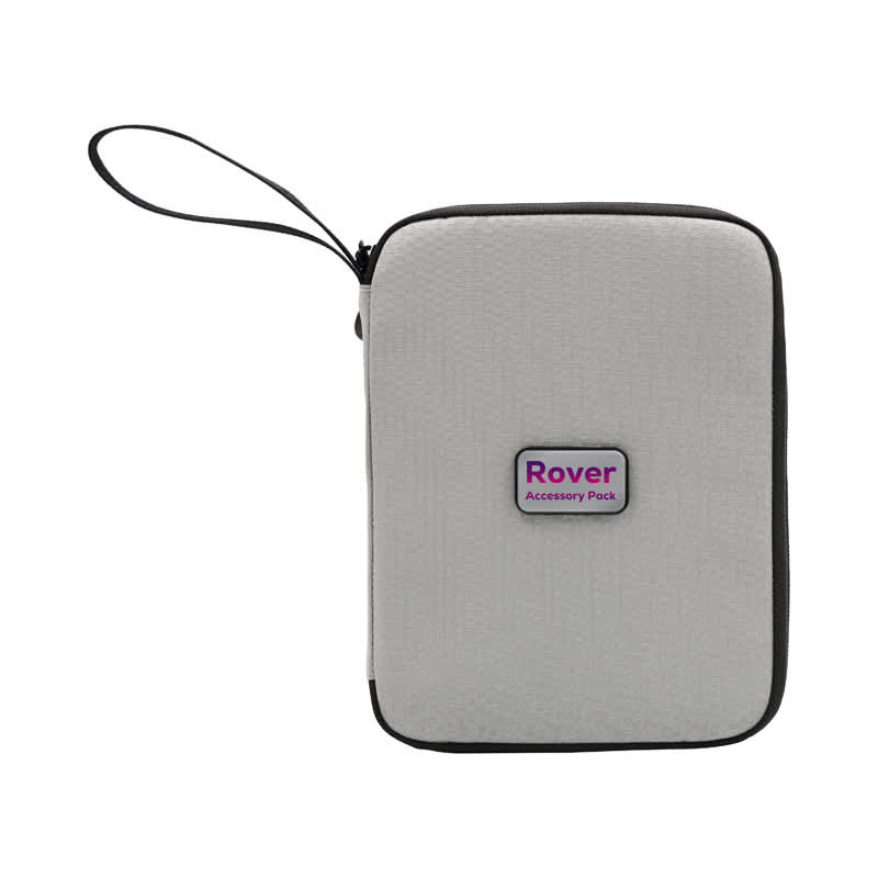 A grey travel wallet with a zippered closure and a loop handle, featuring a branding logo.