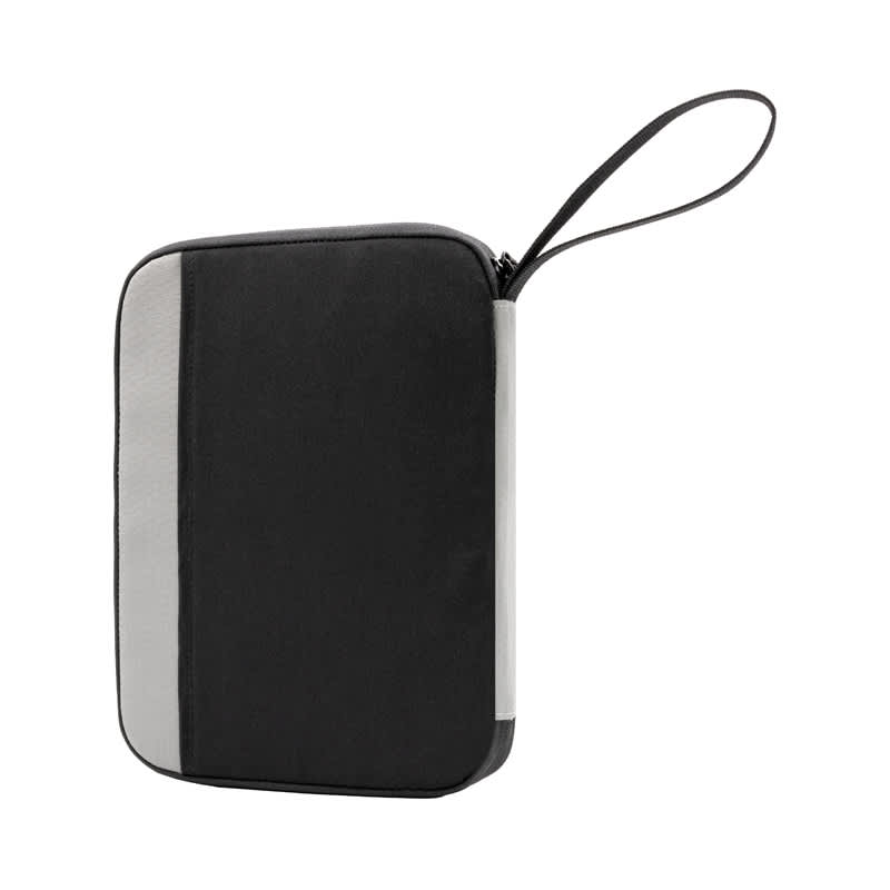 A black and grey travel wallet with a zip closure and carrying handle, featuring a branding logo.