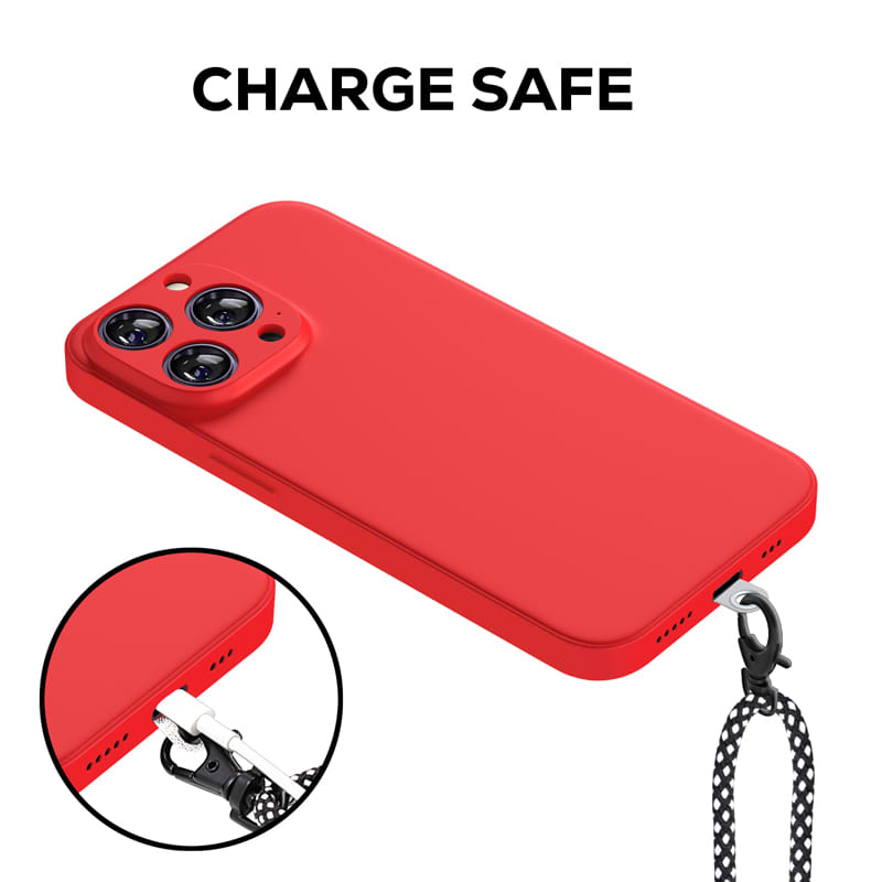 A red Lany Lite Crossbody Phone Strap with a phone wallet attachment, featuring a logo and textured strap.