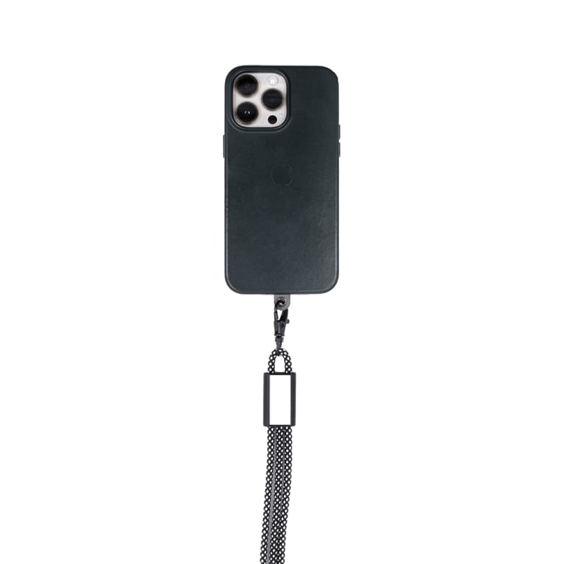 A dark green phone case attached to a black woven strap, featuring a small branding logo.