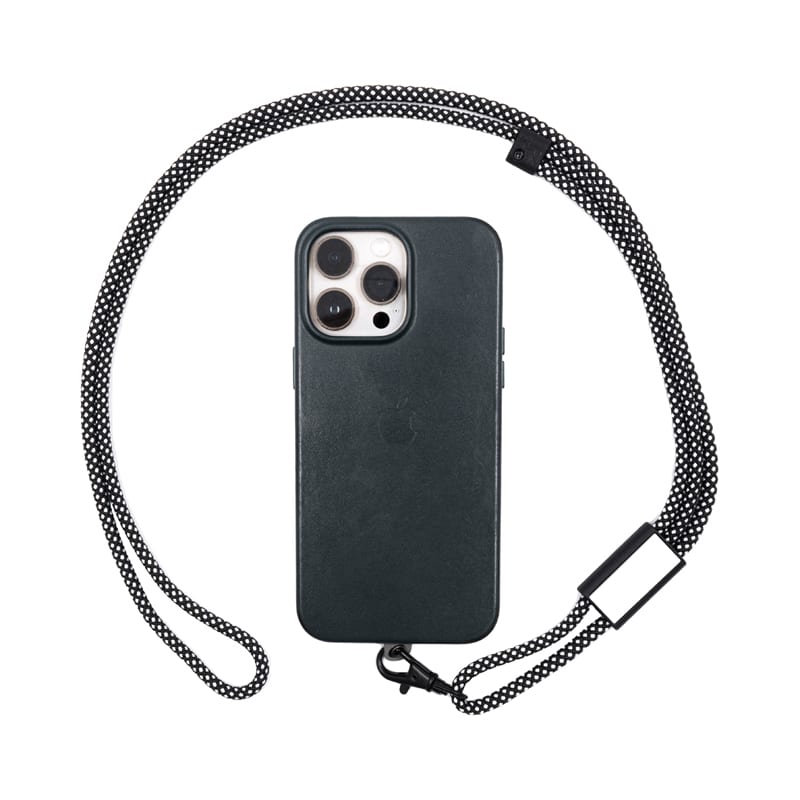 A black crossbody phone strap with a phone case attached, featuring a textured strap and a branding logo.