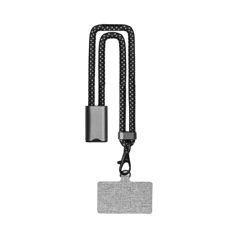 A black braided wristband strap with a grey detachable phone holder. It features a clip and a logo.
