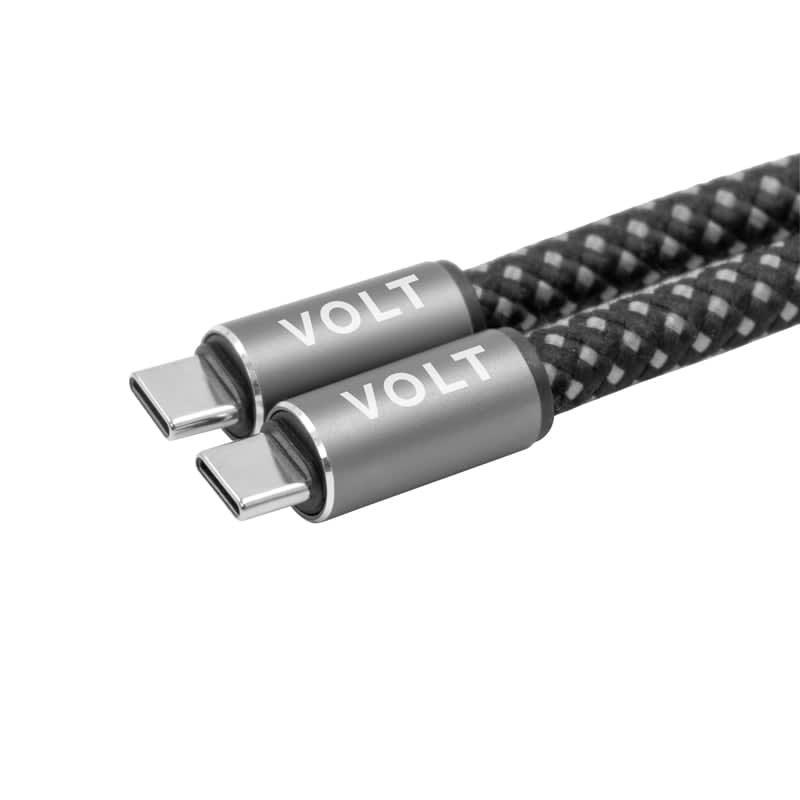 A charging cable with a braided black design and two silver connectors, featuring a logo on the ends.