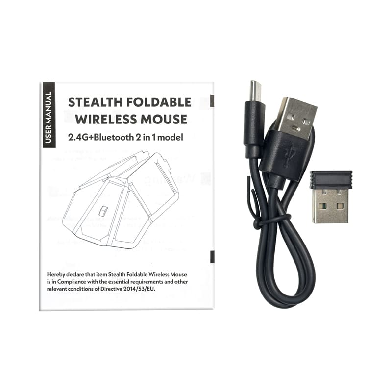 A foldable wireless mouse in black, accompanied by a USB cable and user manual featuring a diagram.