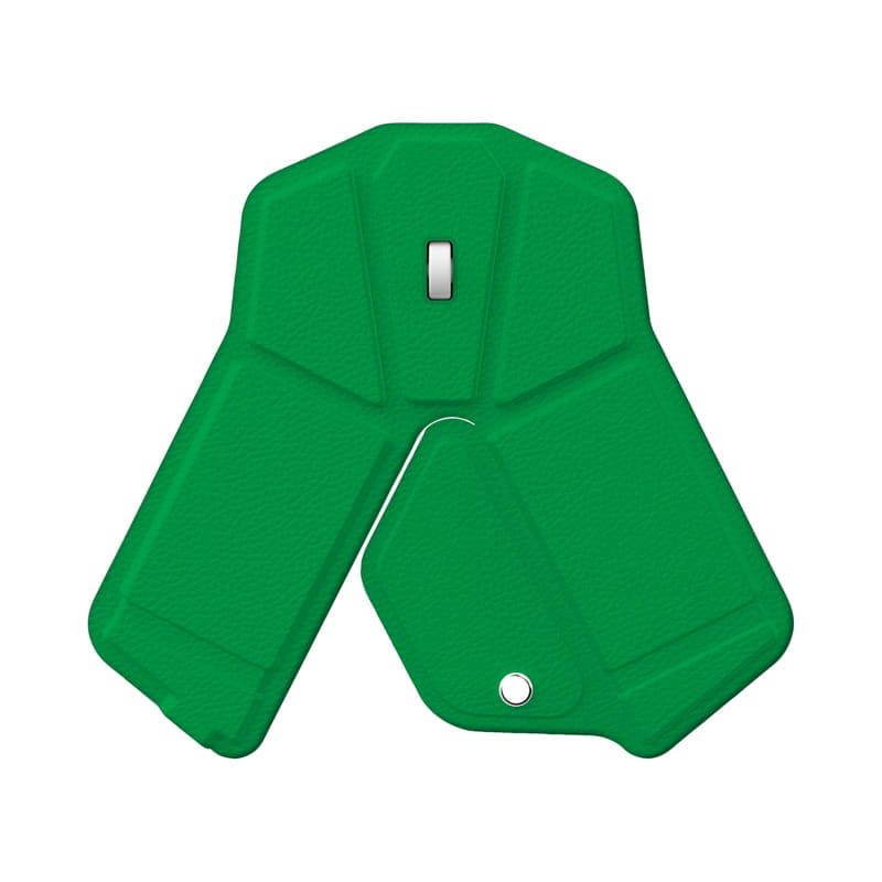 A green foldable wireless mouse in a compact design, featuring a slim profile and a small hole for attachment.