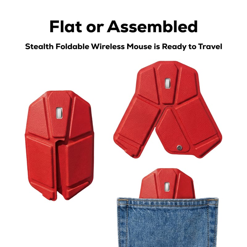 A red foldable wireless mouse displayed in flat and assembled positions, with a pocket showing its portable size and design.