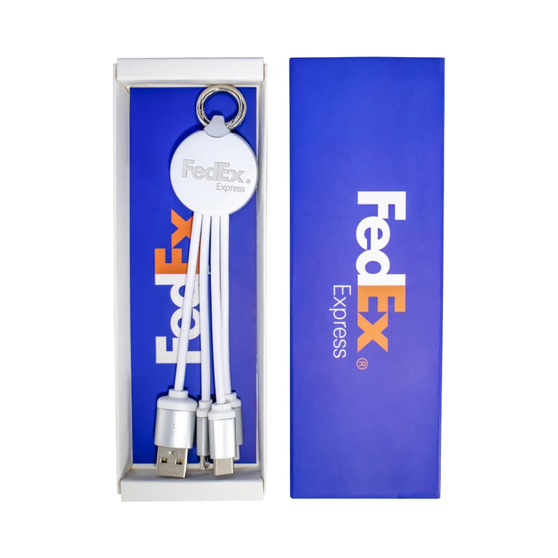 A gift box containing a multi-connector charging cable in white, presented inside a blue and white branded box.