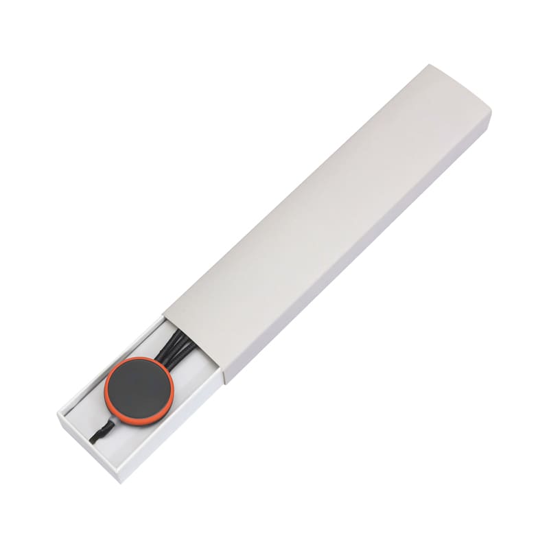 A sleek, white gift box contains a round, black and orange cable slider, designed for pen packaging.