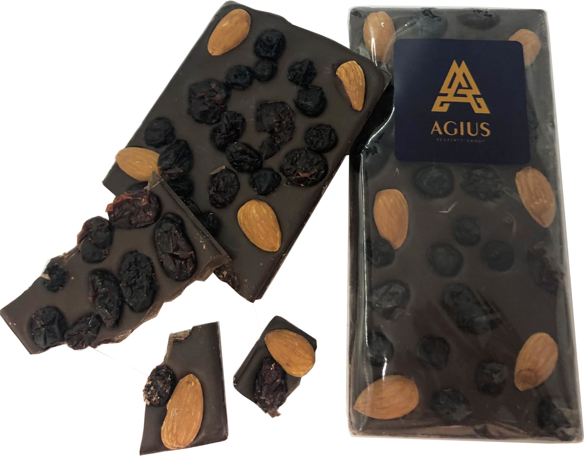 A chocolate bar with almonds and dried berries, presented in a clear package with a logo. Dark and rich in colour.