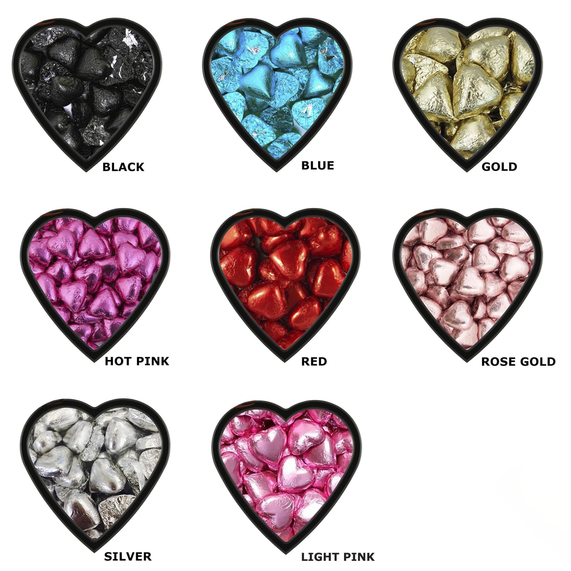 A variety of heart-shaped chocolates in black, blue, gold, hot pink, red, rose gold, silver, and light pink.