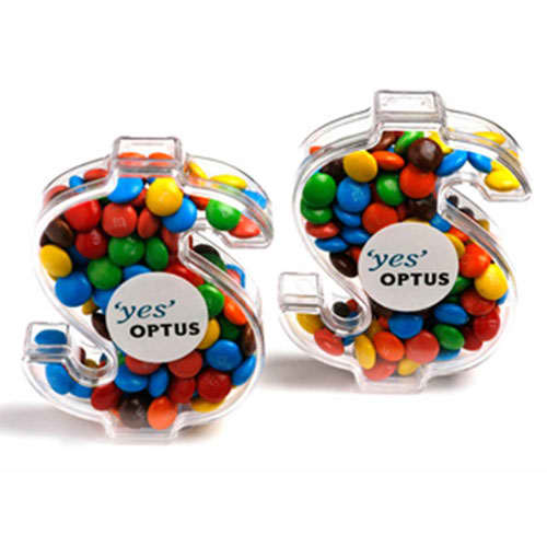 Acrylic Dollar filled with Mini M&Ms 40g - Branded Dollar with Sticker
