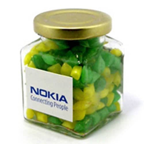 Glass Square Jar with Humbugs 140g - Branded Jar with Sticker