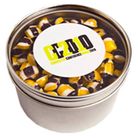 Small Round Window Tin with Humbugs 100g - Branded Tin with Sticker