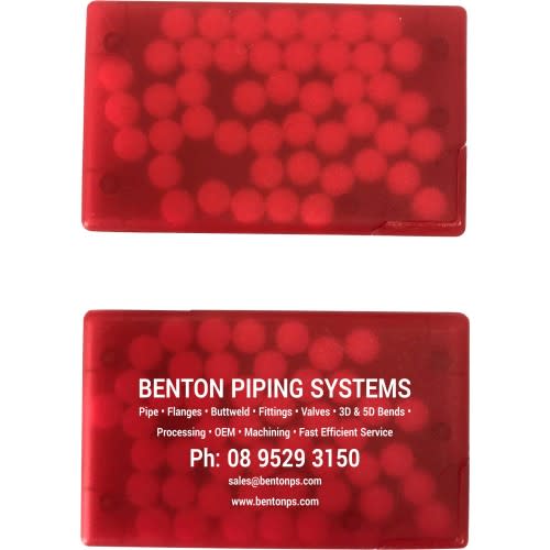 A red mint card featuring a textured surface, with one side displaying a logo and contact information.