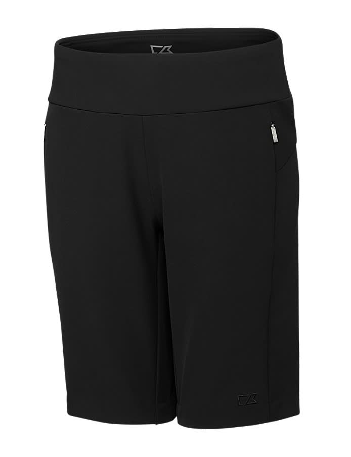 A black pull-on short featuring a sleek design, with pockets and a branded logo. Suitable for casual wear.