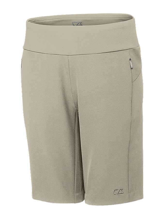 A pair of light grey dress shorts with a wide waistband and a small logo. Features side pockets.