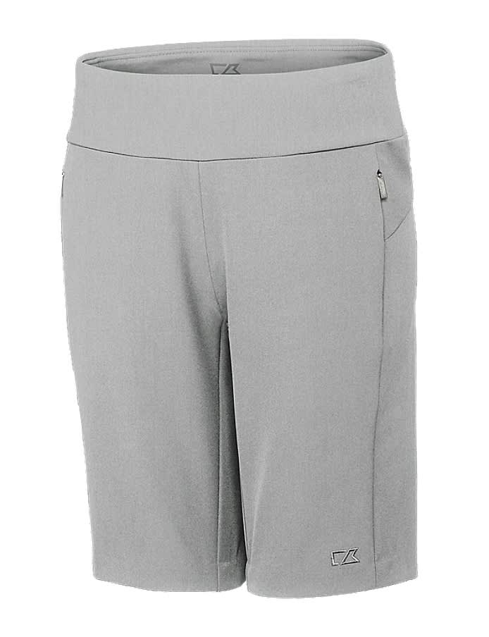 Grey pull-on shorts featuring a wide waistband and side pockets, with branding on the lower leg.