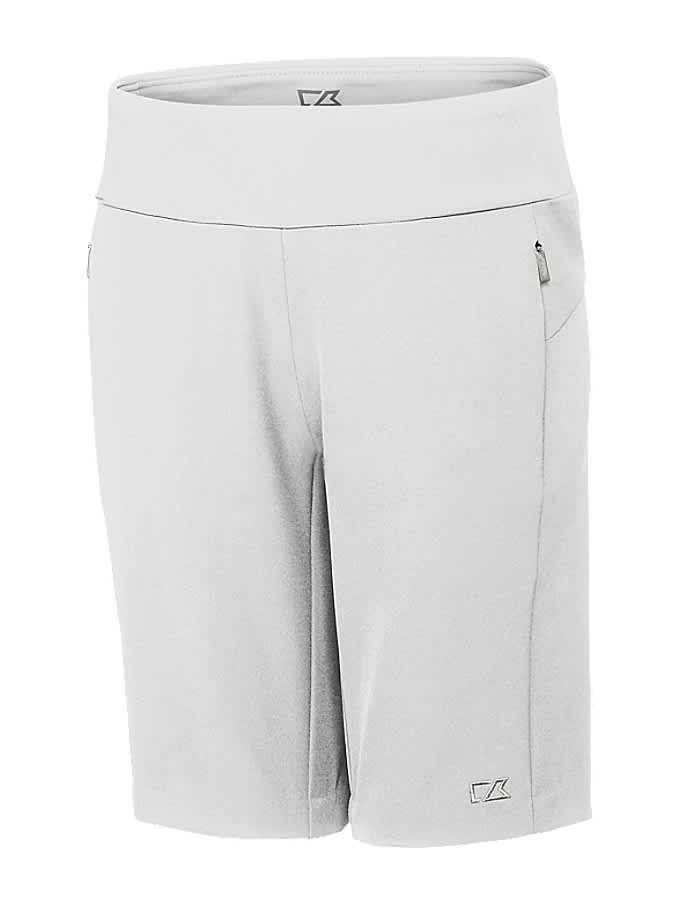 Light grey dress shorts with a wide waistband and a side pocket, featuring a brand logo.