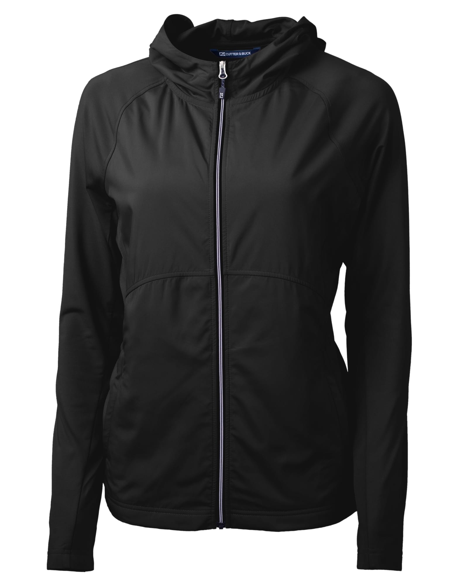 A black full zip jacket with a hood, featuring a fitted design and a branded logo.