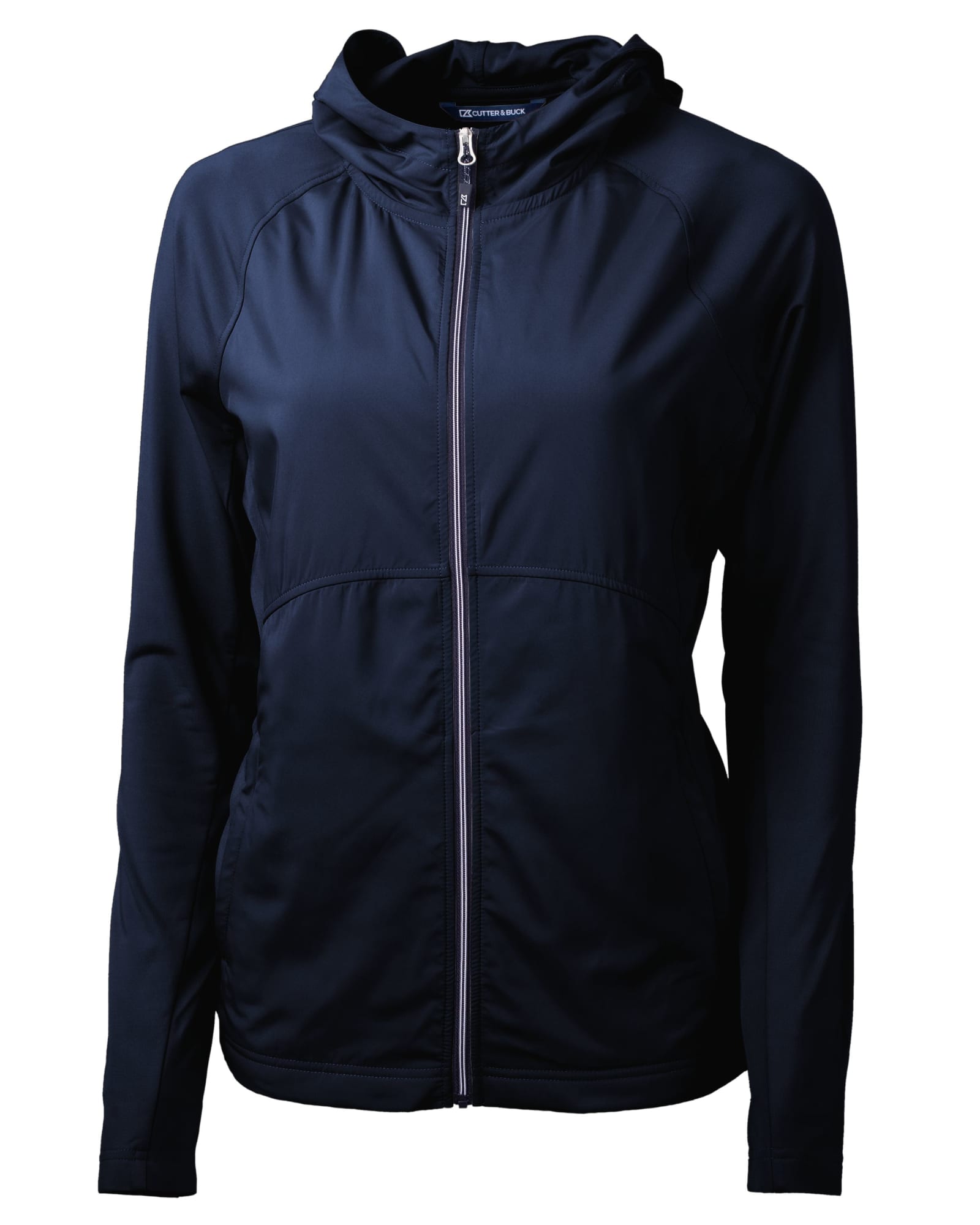 A navy ladies full zip jacket with a hood and zip-up front. It features a subtle branding logo.