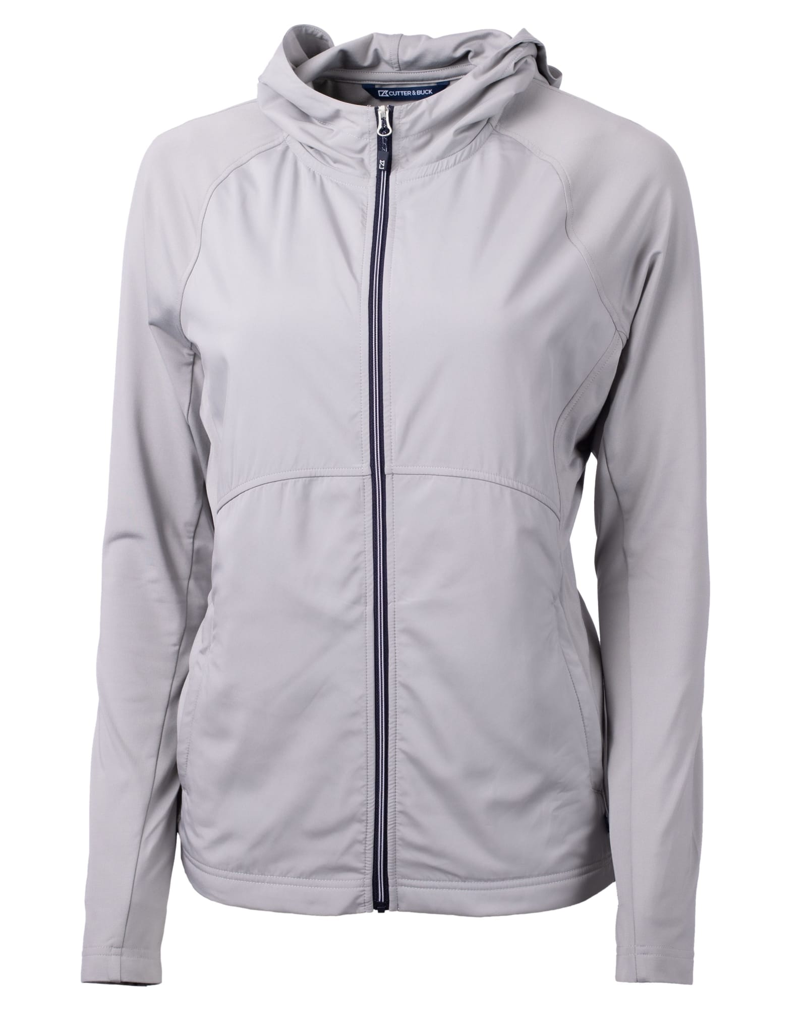 A light grey full zip jacket for women with a hood and a logo, featuring a fitted design.