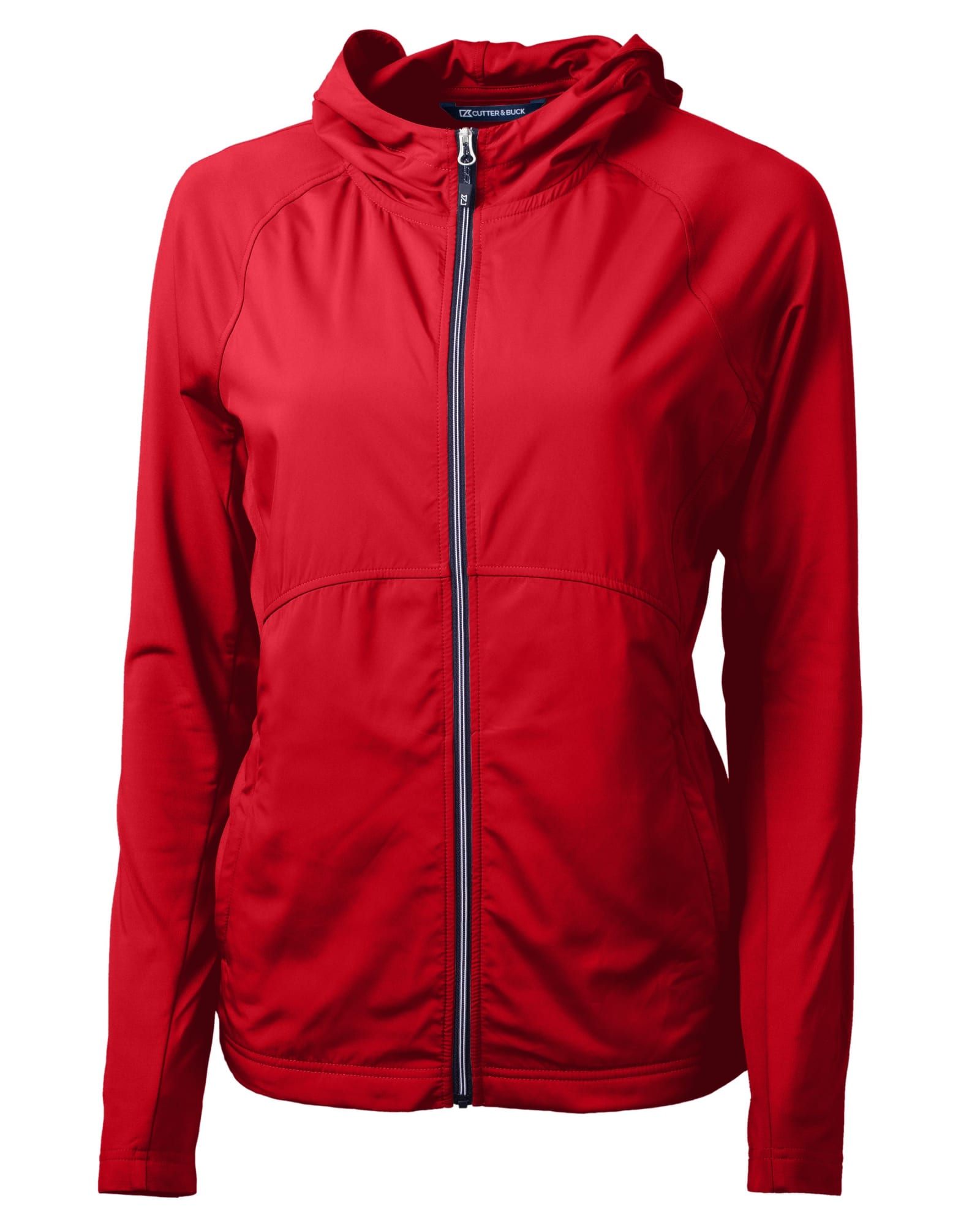 A red full zip jacket with a hood, featuring a fitted design and a slight sheen, includes a logo.