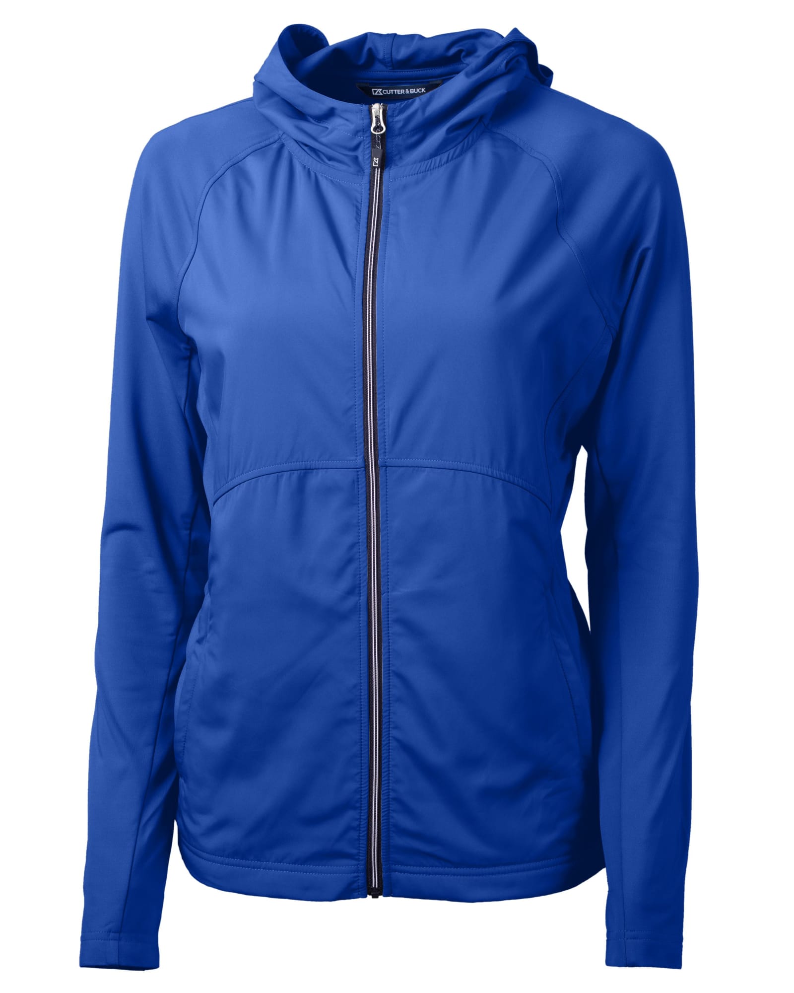 A blue ladies' full zip jacket with a hood and a zippered front, featuring a logo on the chest.