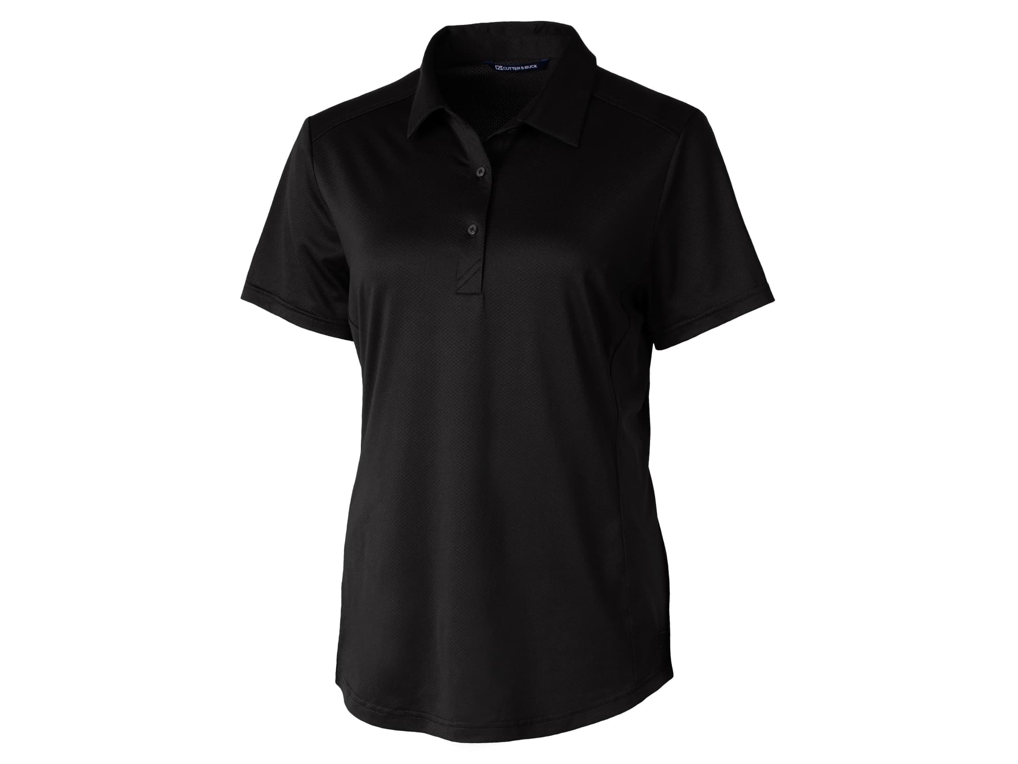 A black ladies' polo shirt with a collar and short sleeves, featuring a branding logo.