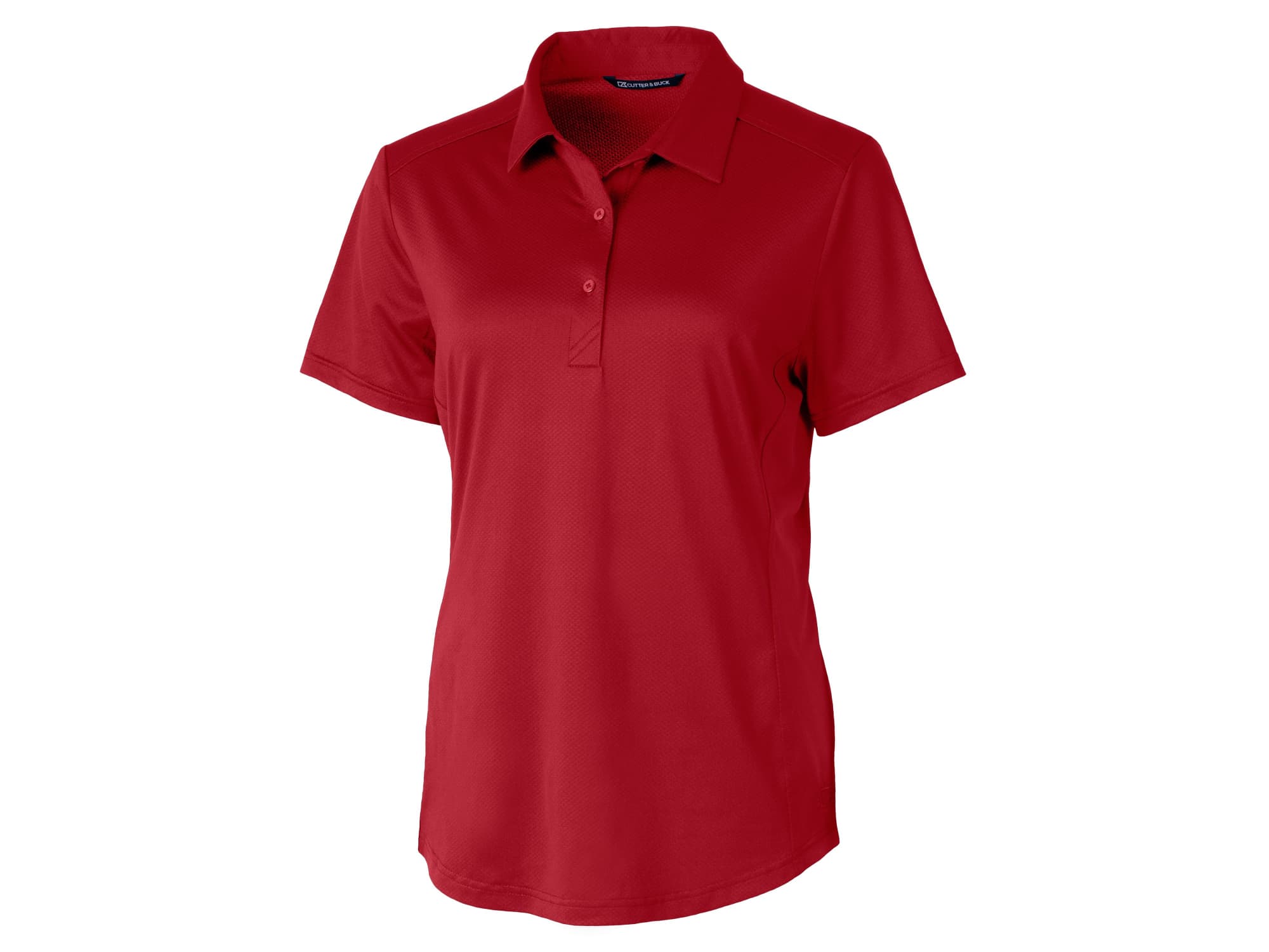A red ladies' polo shirt featuring a collar, short sleeves, and a logo on the chest.