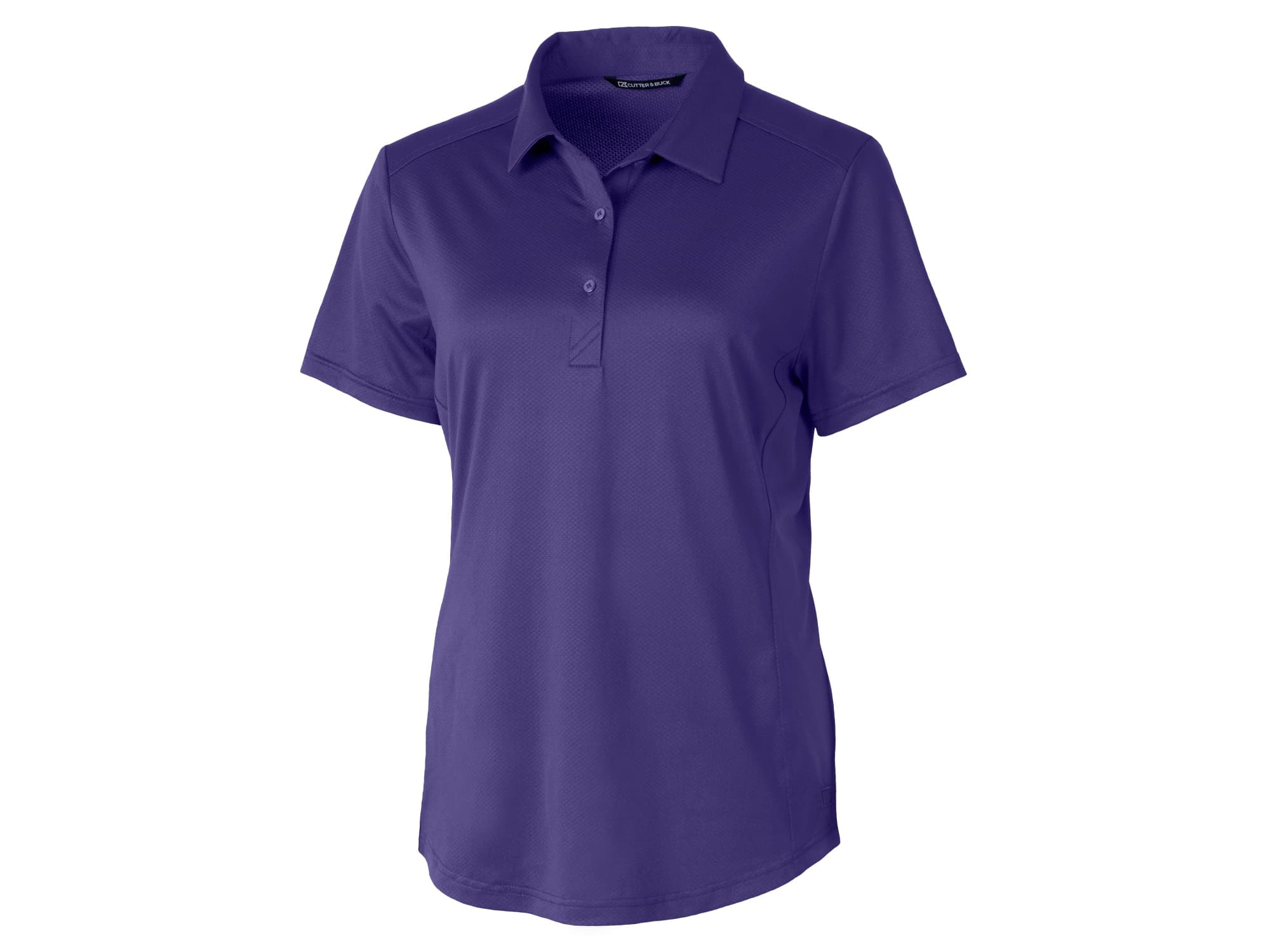 A purple ladies' polo shirt featuring a collar and buttons, with a logo on the side.