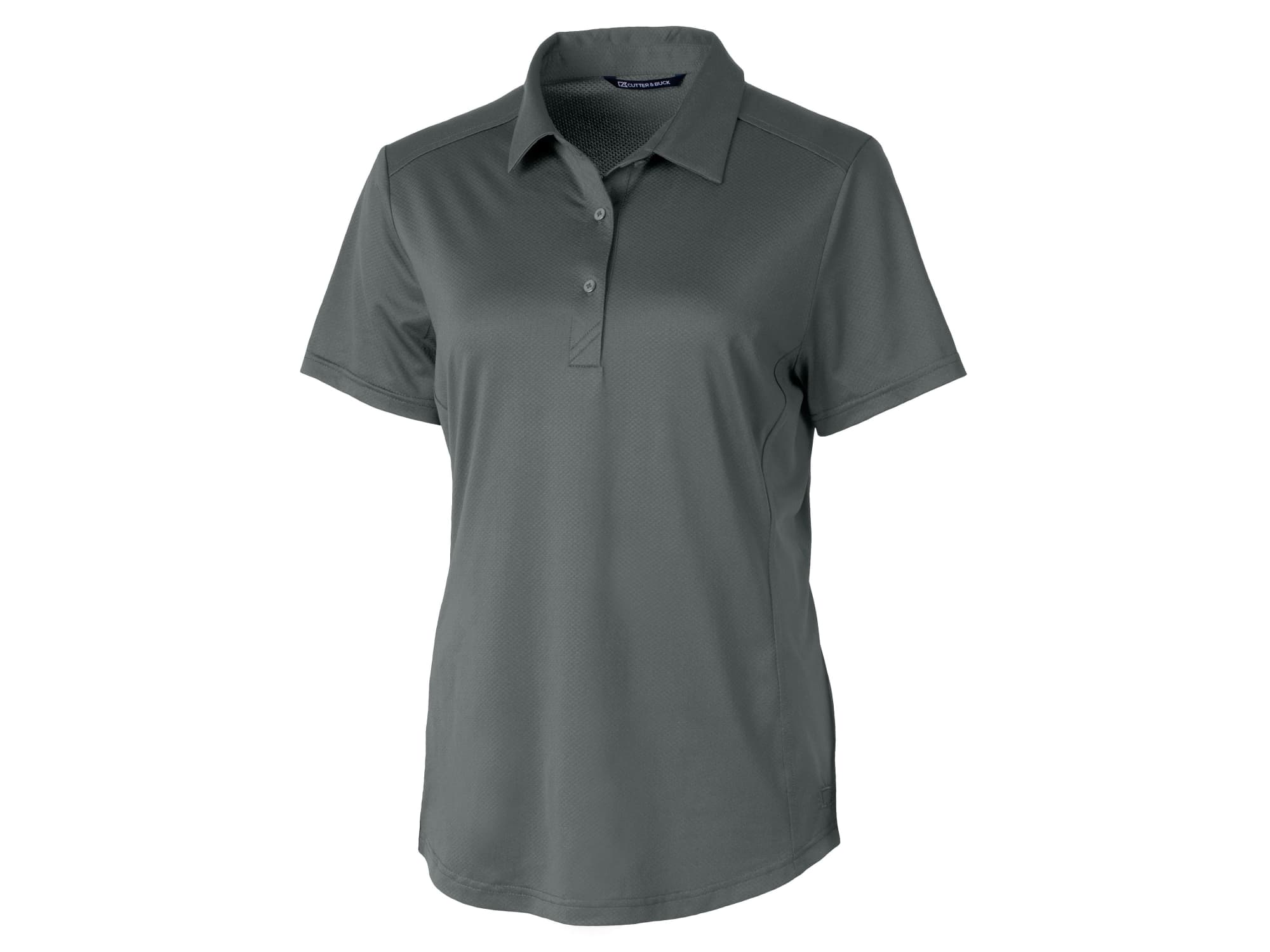 A short-sleeved ladies polo shirt in a muted green colour, featuring a collar and buttons, with a logo on the chest.