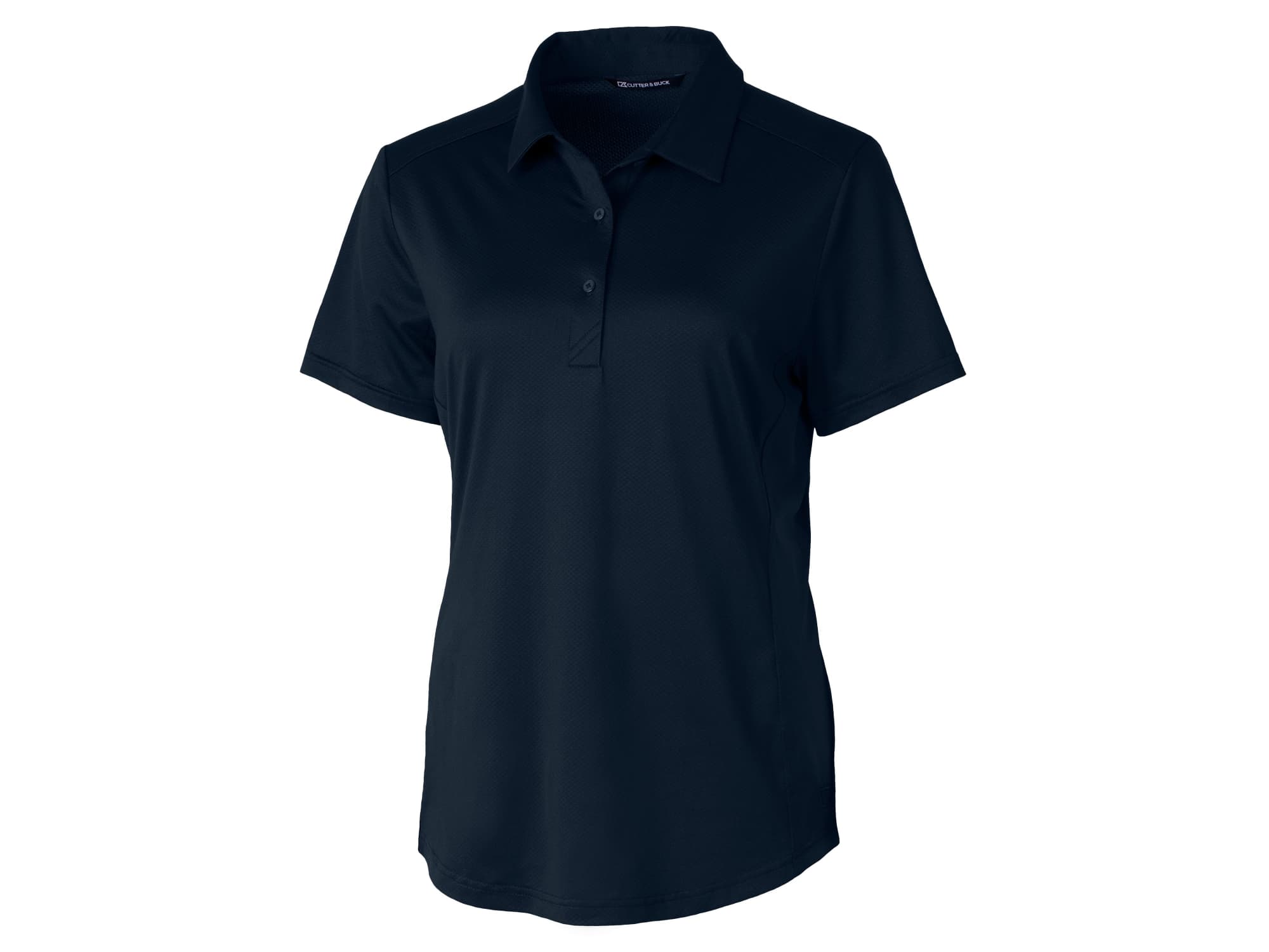 A ladies' polo shirt in navy blue with a collar and short sleeves, featuring a logo on the chest.