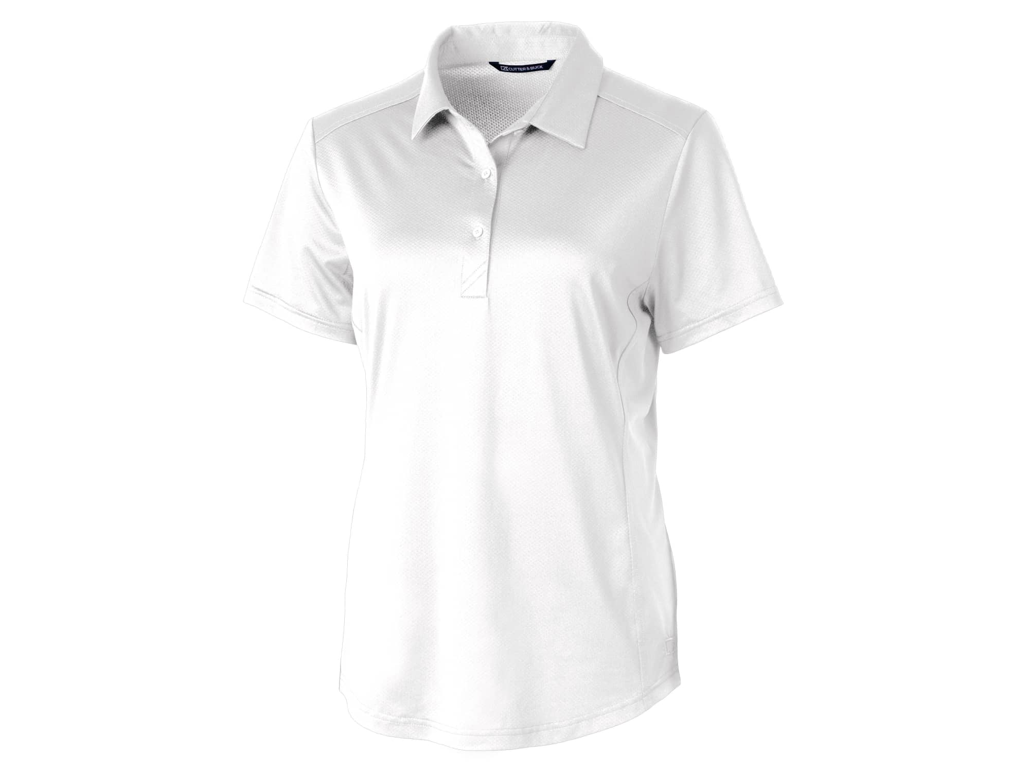 A white ladies' polo shirt with a collared neckline and short sleeves, featuring a logo.