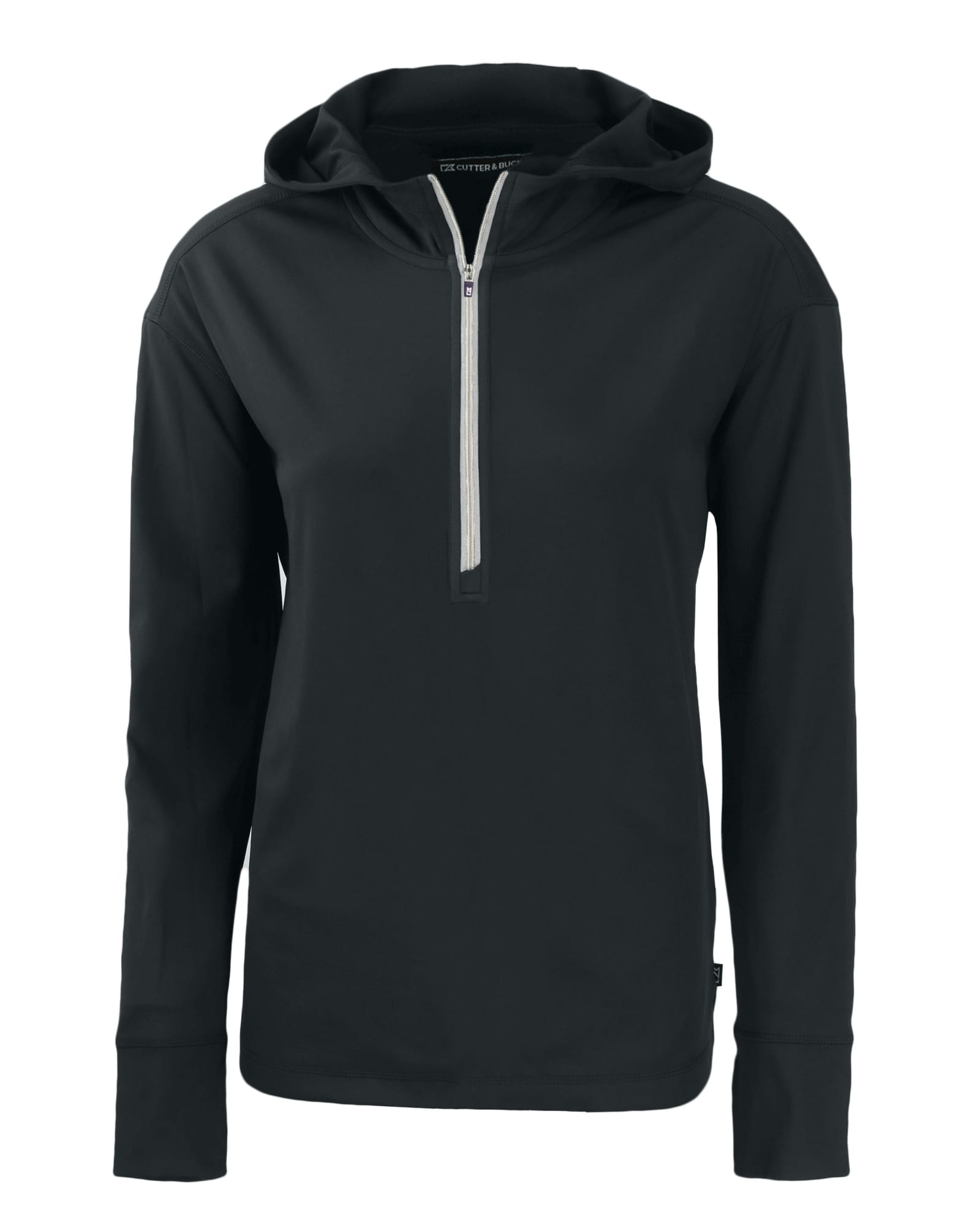 A black ladies' half zip hoodie with a hood and long sleeves, featuring a front zipper and a small logo.