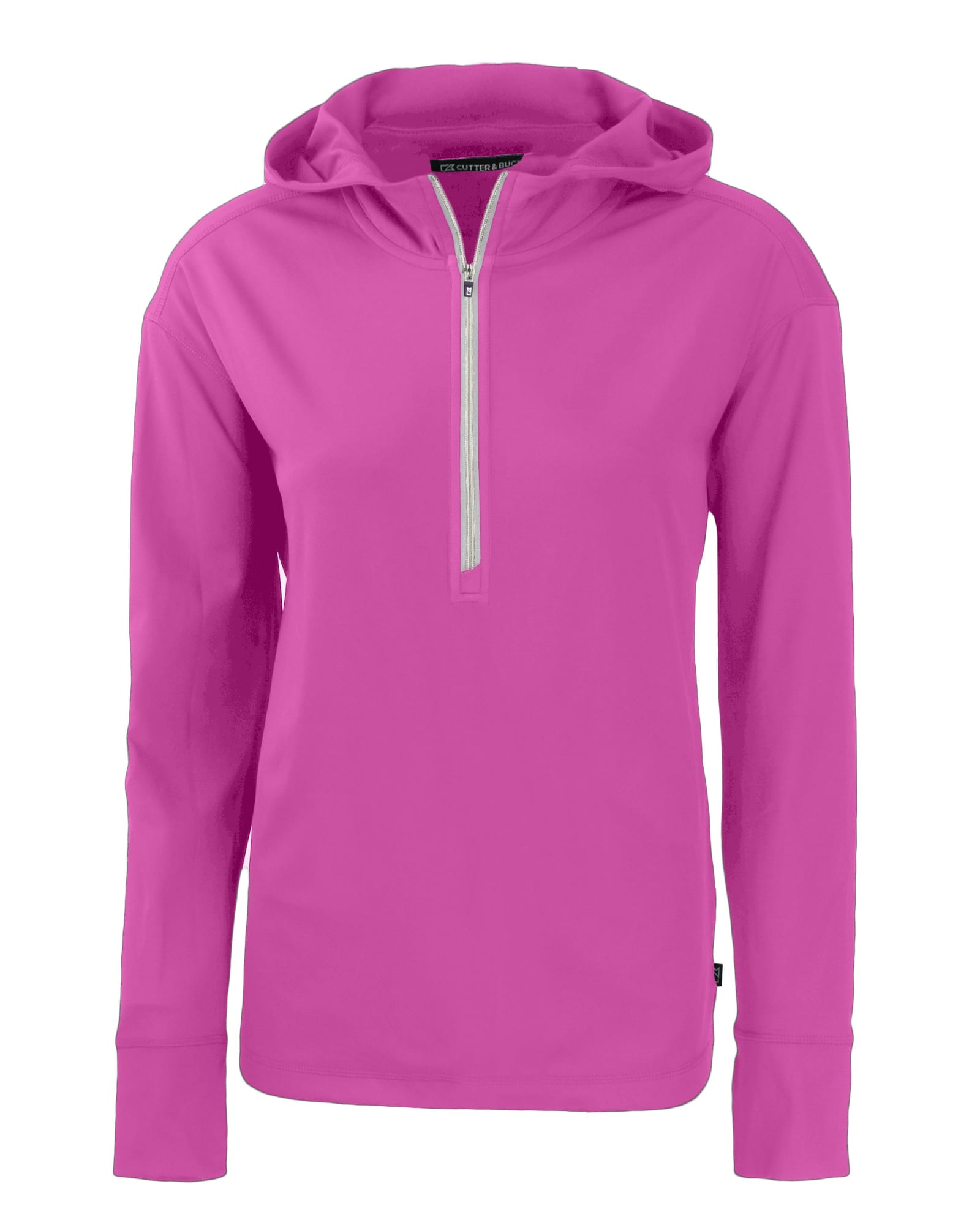 A pink half-zip hoodie with a hood and long sleeves, featuring a logo on the front.