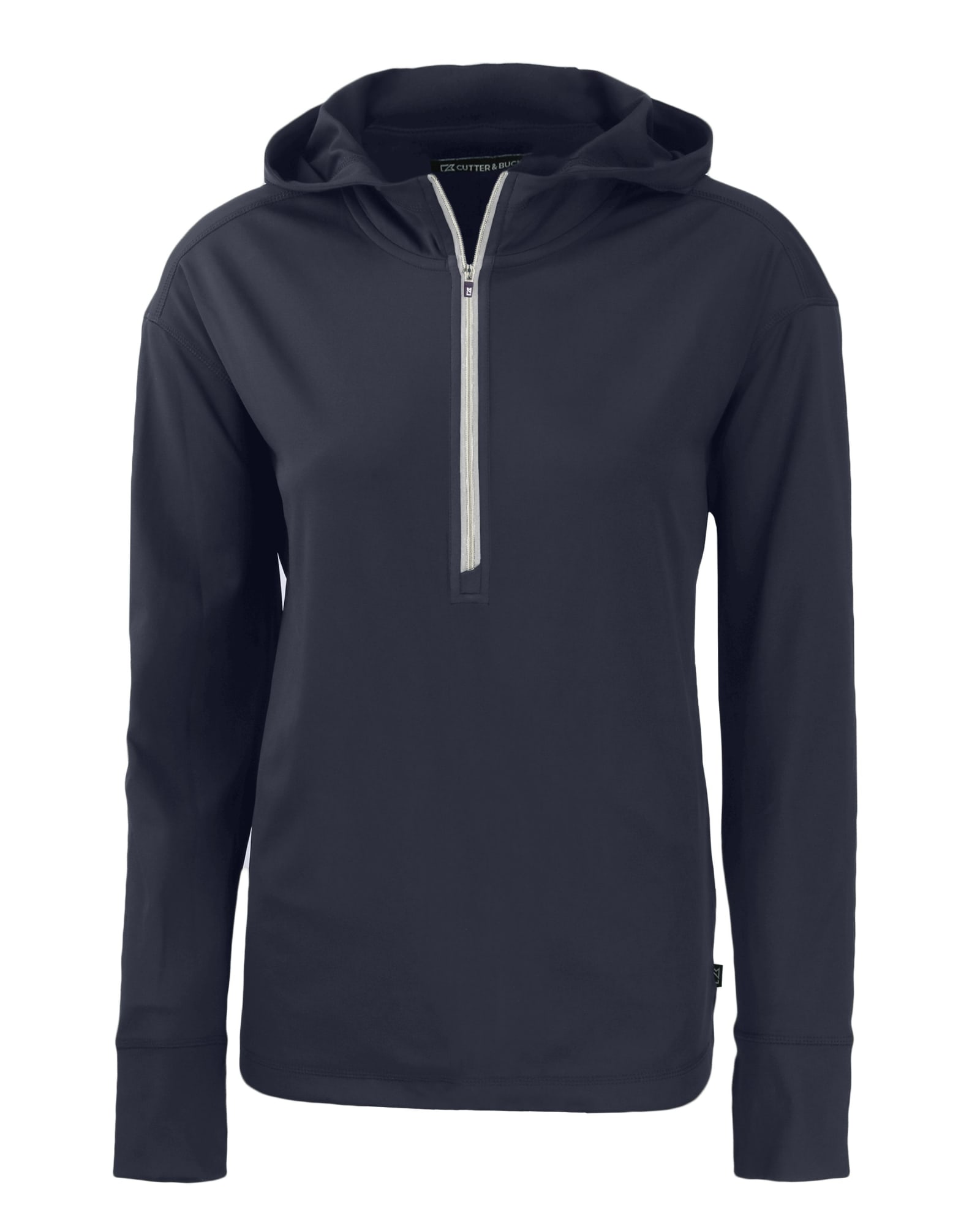 A navy ladies' half zip hoodie with long sleeves and a hood. It features a front zip and has a logo.
