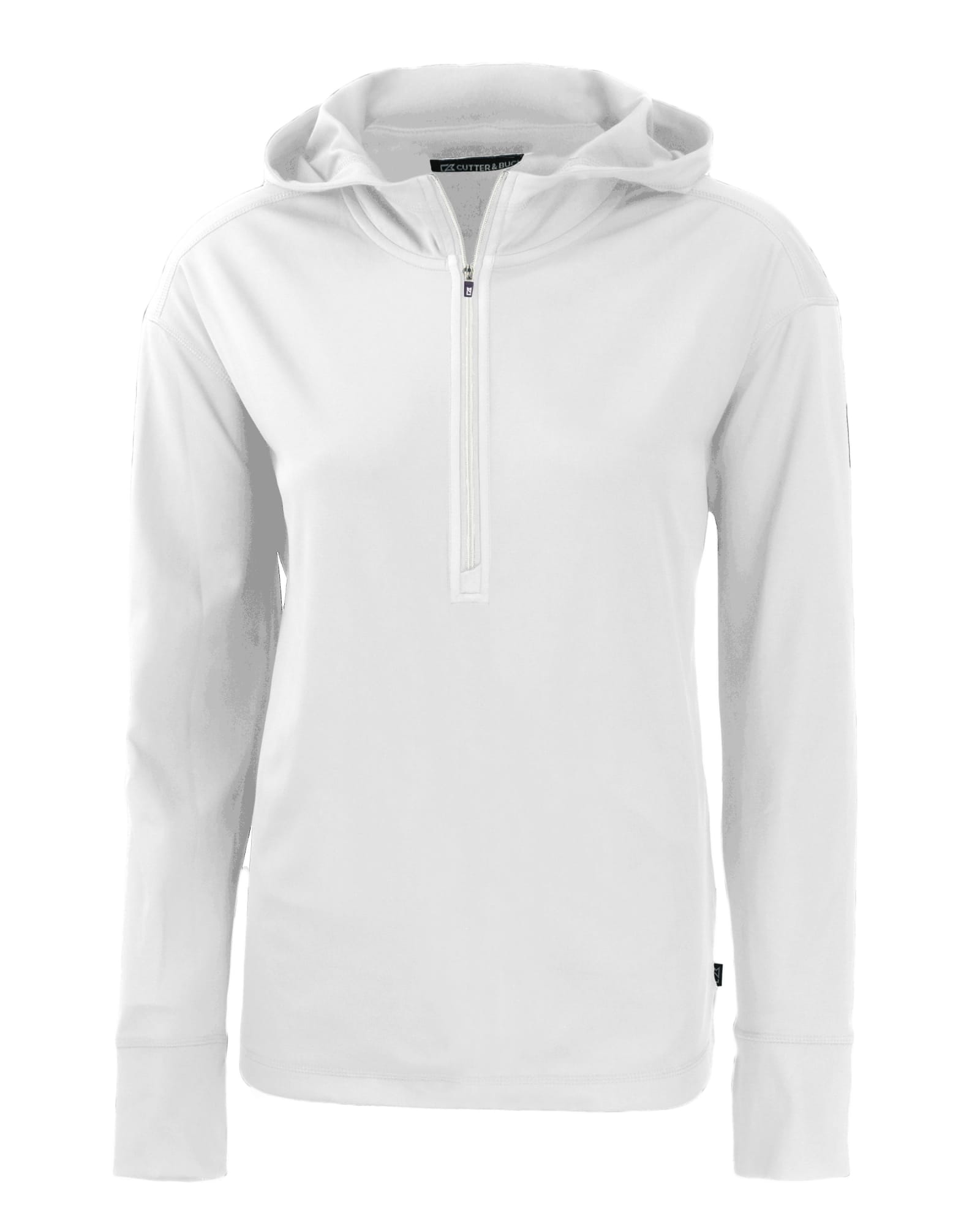 A white half zip hoodie with long sleeves and a hood, featuring a logo on one side.
