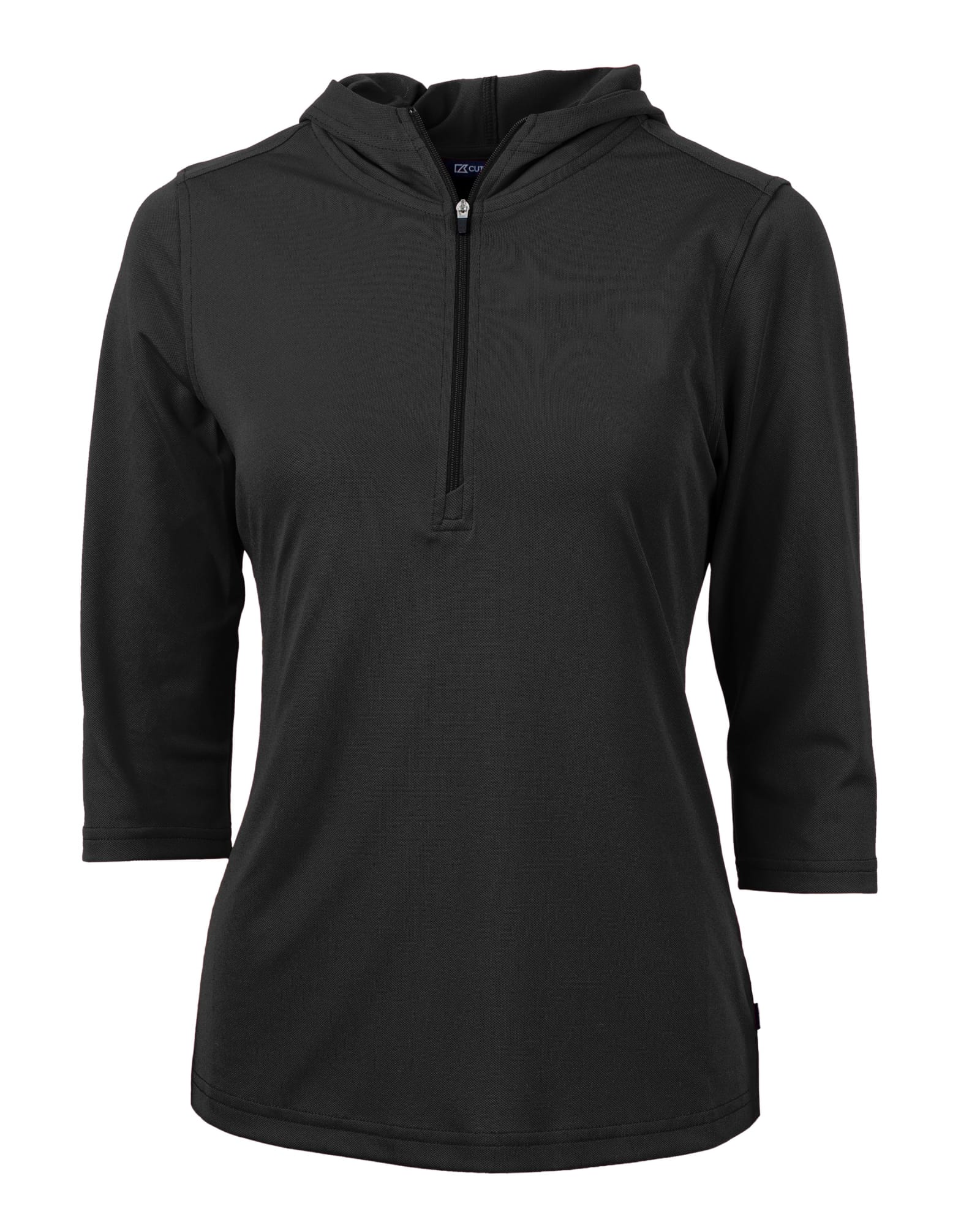 A black half-zip jacket for ladies with a hood and three-quarter sleeves, featuring a logo.