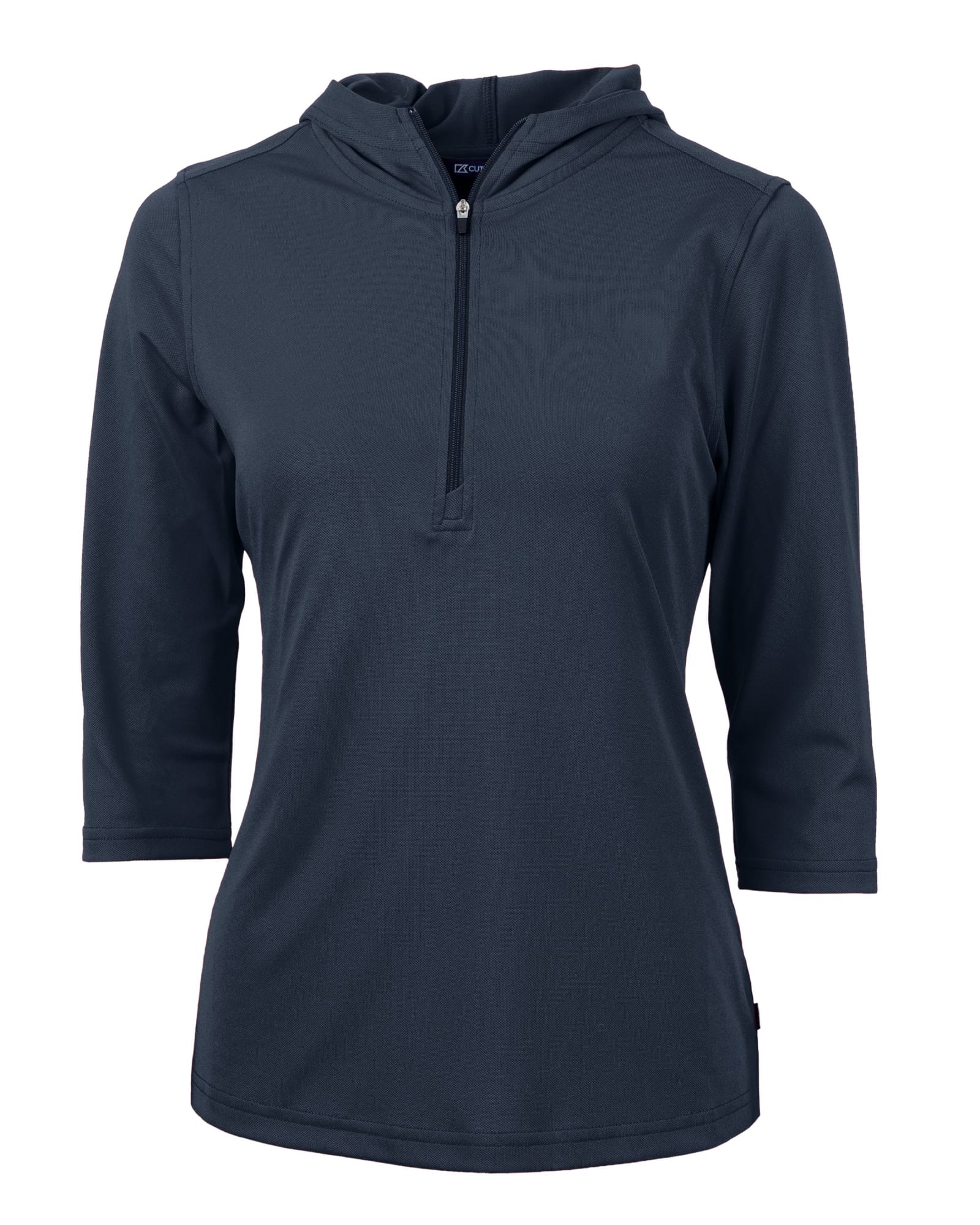 A dark navy half-zip jacket with a hood and three-quarter sleeves, featuring a small logo.