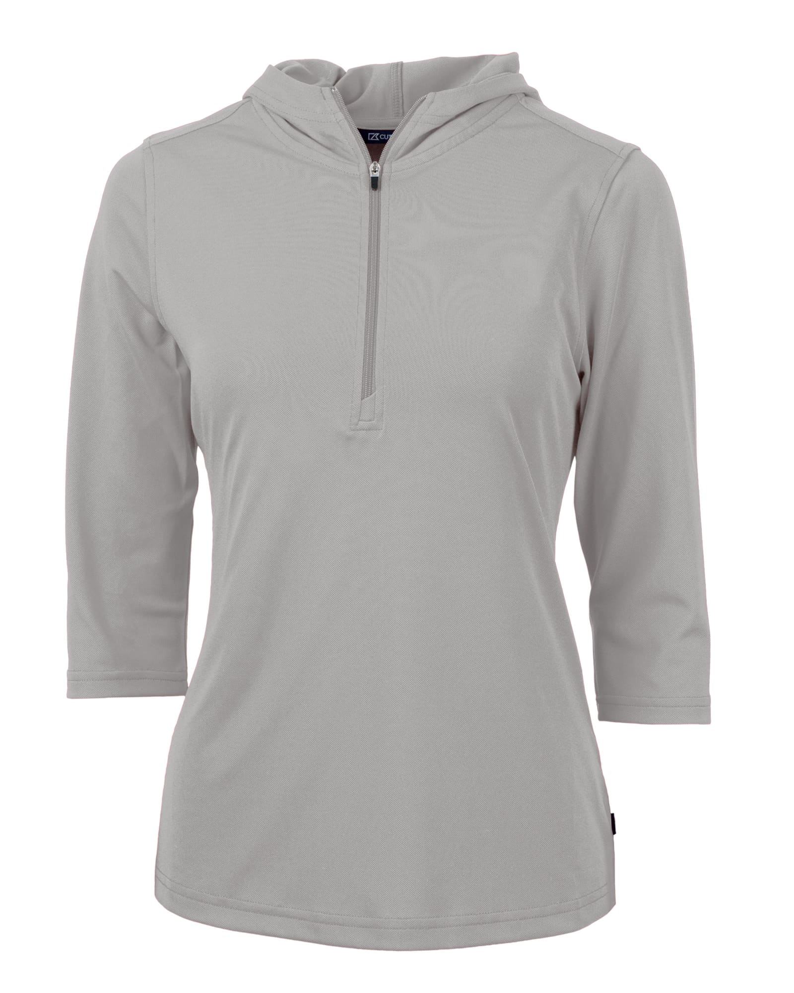 A light grey half-zip jacket for ladies, featuring a hood and three-quarter sleeves. It has a logo on it.