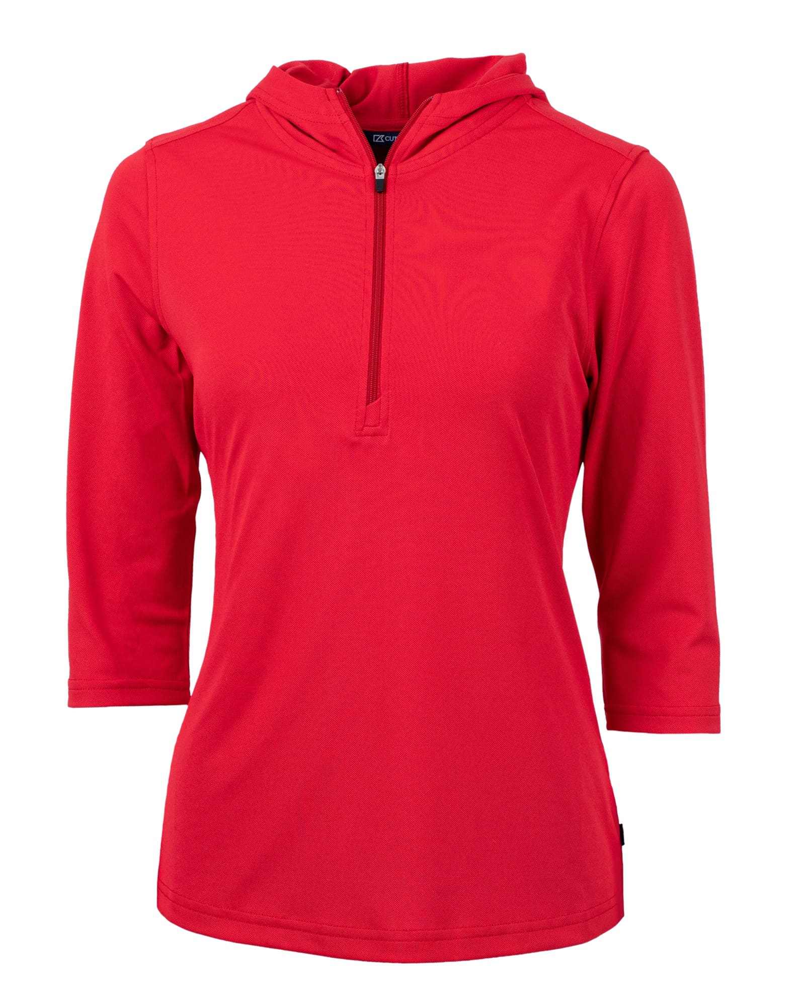 A red eco pique half-zip jacket with three-quarter sleeves. It includes a hood and features a branding logo.